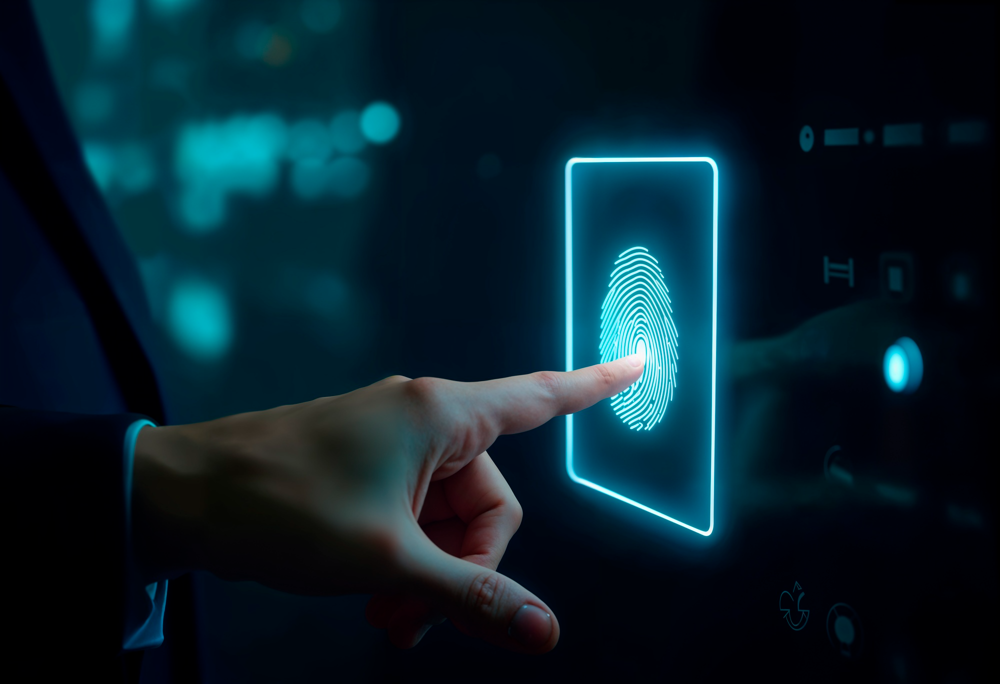 Employee using fingerprint scanner for biometric door access control system