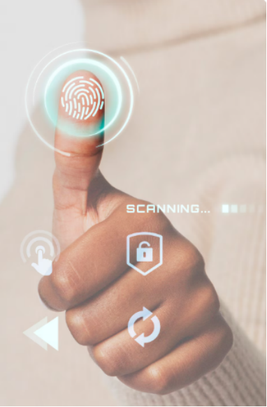 Fingerprint being scanned on futuristic biometric interface with smart technology digital overlay