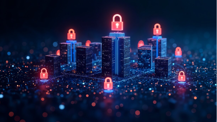 concept showing high-risk buildings secured with enterprise key management system
