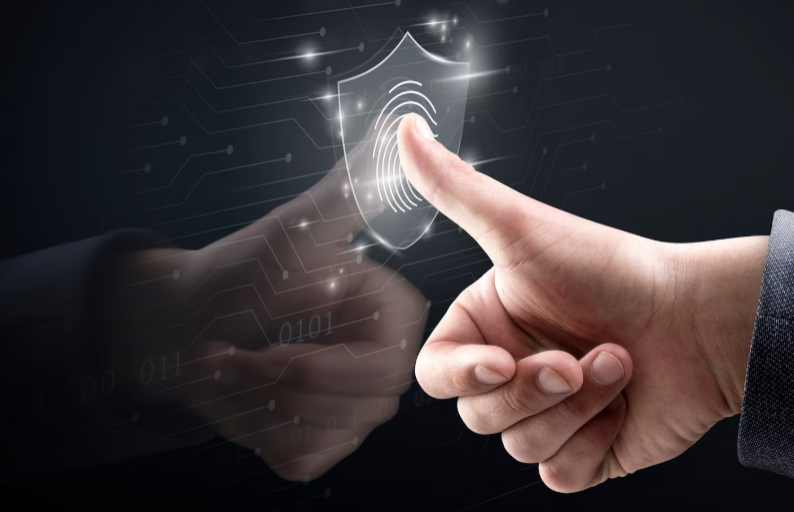 Biometric fingerprint scanning system displayed on a virtual screen with futuristic technology background