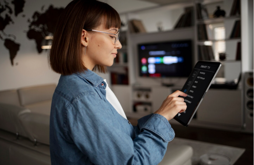 woman interacting with tablet showing cloud attendance login interface for hybrid workforce management