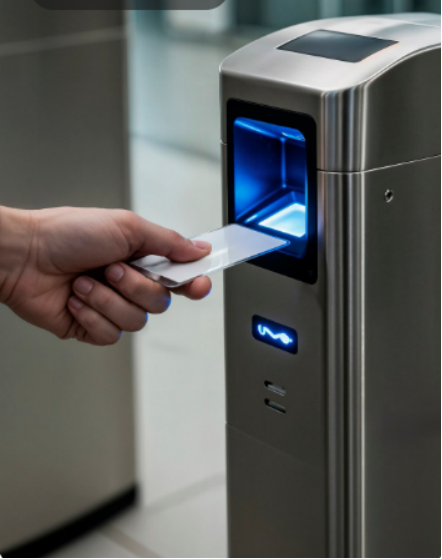 Employee using smart card to access flap barrier turnstile system at office entrance