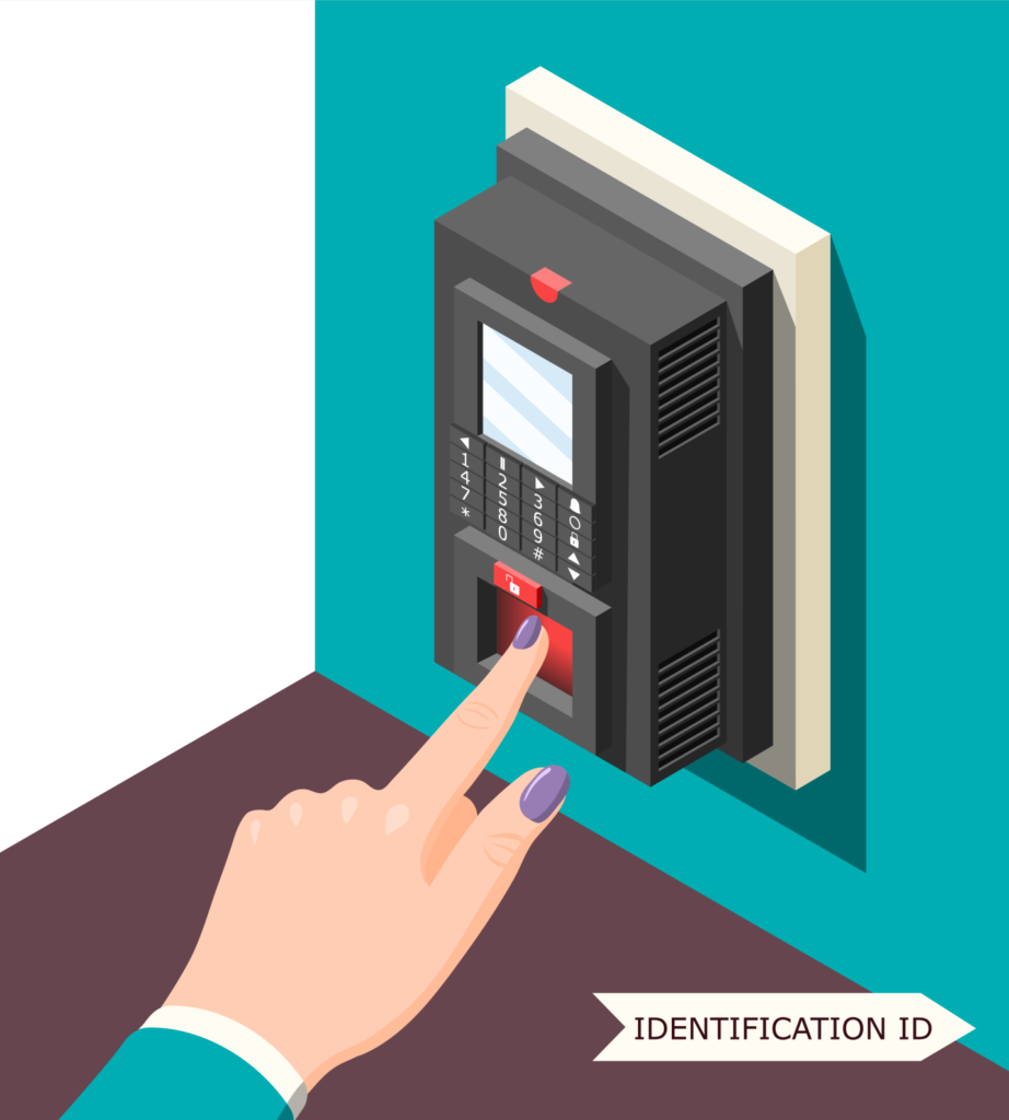 Employees using biometric attendance terminals at a modern workplace